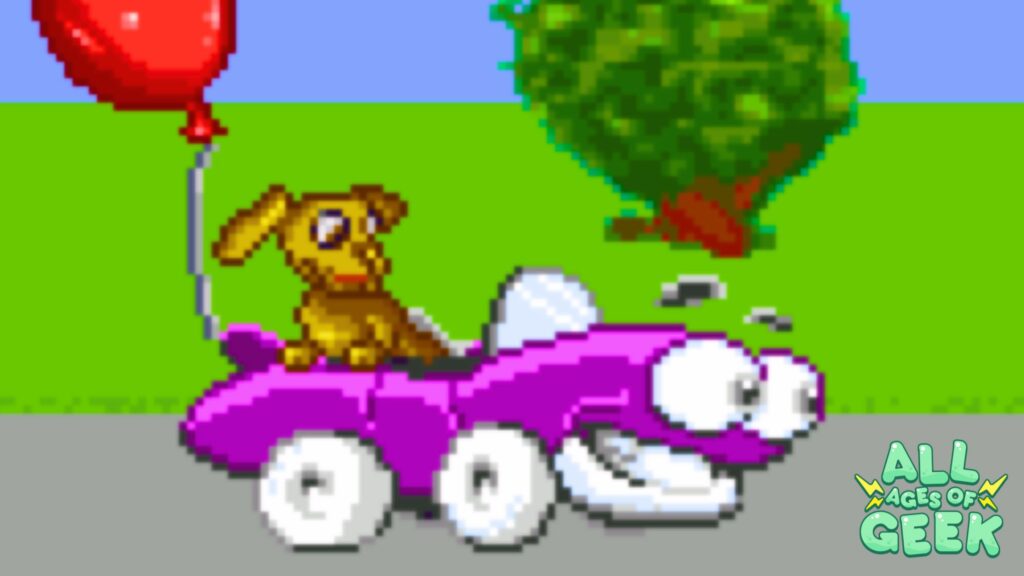 A cheerful scene from the game 'Putt-Putt Joins the Parade' showing Putt-Putt, a small, animated purple car, with a happy brown puppy riding in the back holding a red balloon. They are on a simple, green landscape with a vibrant green tree and a bright blue sky in the background, capturing a moment of joy and adventure in the game. The 'All Ages of Geek' logo is displayed