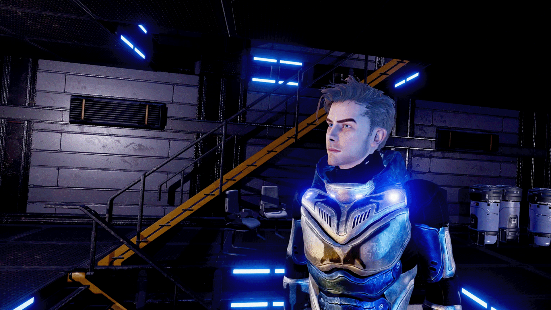 The image features a detailed close-up of a male character from a sci-fi video game, likely part of the Relic Odyssey universe given the high-tech ambiance and attire. The character sports modern, battle-ready armor that glows with blue light, indicating advanced technology and possibly a power source or protection mechanism within the suit. His facial expression is focused and intense, suggesting he's either in the midst of a critical moment or strategizing his next move in a perilous environment.

The background includes metallic surfaces and industrial elements like stairways and vents, typical of a spaceship or a space station's interior. The use of dark tones and blue lighting enhances the futuristic feel, setting a mood that fits well with space exploration or combat themes. This portrayal hints at the character's role as a key player in navigating and perhaps battling through challenging scenarios within the game. His appearance, combined with the setting, creates a narrative of tension and adventure in a vast, high-stakes interstellar backdrop.