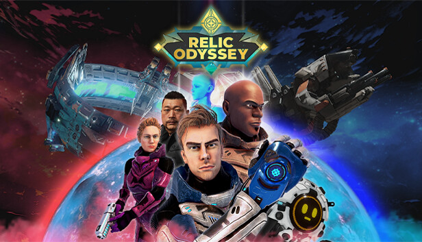 The image is a cover for the game Relic Odyssey, a sci-fi adventure that prominently features a team of diverse characters. The background is an outer space scene with colorful, swirling nebulae, hinting at a galaxy-spanning adventure. The central focus is the group of characters, each dressed in futuristic gear and armor, with serious and determined expressions. One character in the foreground wields a high-tech weapon, likely a leader figure, while the others stand behind, each carrying their own unique weapons or tools, showcasing the diversity of the team’s roles. The title Relic Odyssey is displayed prominently on the left side, with a sleek, modern logo design, featuring a glowing compass or symbol at the top. The game’s aesthetic leans into the futuristic, space exploration theme, blending action and mystery, suggesting a quest for powerful relics or ancient technology across the galaxy. The colors and overall vibe make it clear that the game is likely action-packed, filled with sci-fi elements, and focuses on a team-based journey.