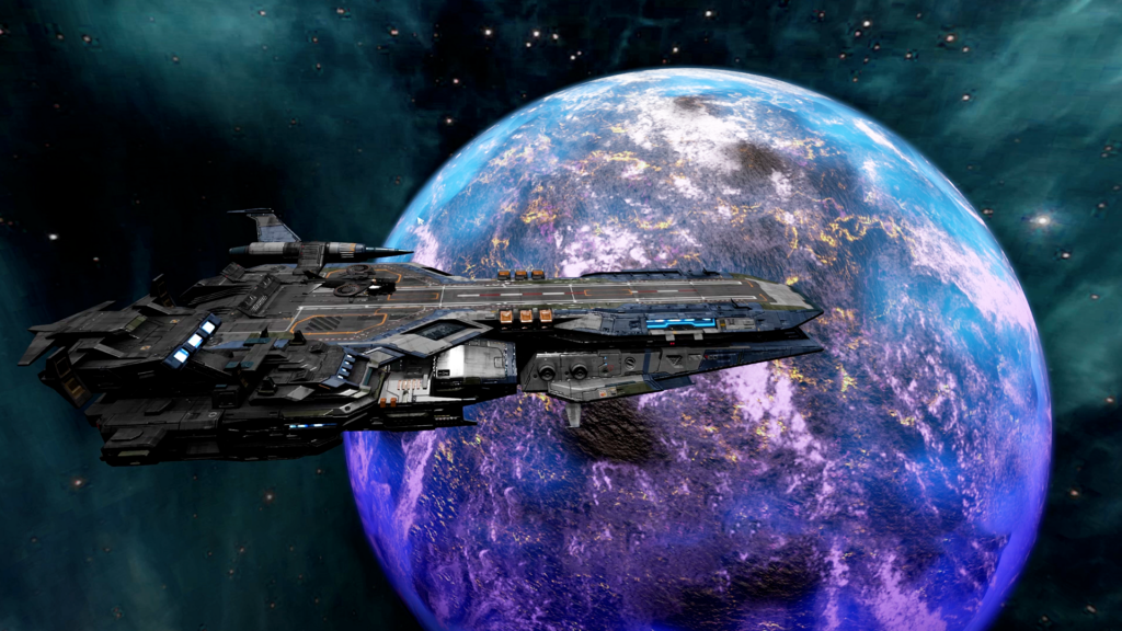 This image features a large, futuristic spaceship floating in deep space, with a colorful planet in the background. The spaceship has a sleek, high-tech design, equipped with various mechanical components, turrets, and what appears to be a runway on top. Its dark, metallic color is accentuated by glowing blue and orange lights, giving it a powerful, commanding presence in the vast expanse of space. The planet behind the ship is vibrant, with swirling purples, blues, and hints of yellow, possibly indicating a mix of landmasses and glowing cities or magma flows. The planet has a rich texture, suggesting it could be an important location or a significant part of the journey in the game, potentially from Relic Odyssey. The deep space surrounding the ship and planet is filled with small stars and galaxies, enhancing the sense of scale and exploration. This image evokes a strong sense of space adventure and exploration, likely connected to high-stakes missions or epic battles, as is typical in space-faring science fiction games or stories. The combination of the ship’s detail and the colorful, alien planet hints at a game filled with interstellar travel, exploration, and possible conflict.