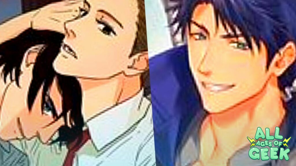 This image contains two distinct panels, both showing elements typical of yaoi or BL (Boys' Love) manga. On the left side, there’s a scene featuring two male characters in a tender and intimate moment. The character in the background has short brown hair and a serious expression while he gently holds the head of the other character, who has dark hair and a shy or contemplative look. They are both dressed in office attire, suggesting a workplace romance or an older, more mature theme common in yaoi narratives. The right side displays a single character with short, dark hair and a confident, playful expression. He's giving a mischievous smile while dressed in a blue suit, hinting at a charming and charismatic personality. The "All Ages of Geek" logo appears at the bottom right, indicating the image might be connected to their yaoi manga or BL content recommendations.