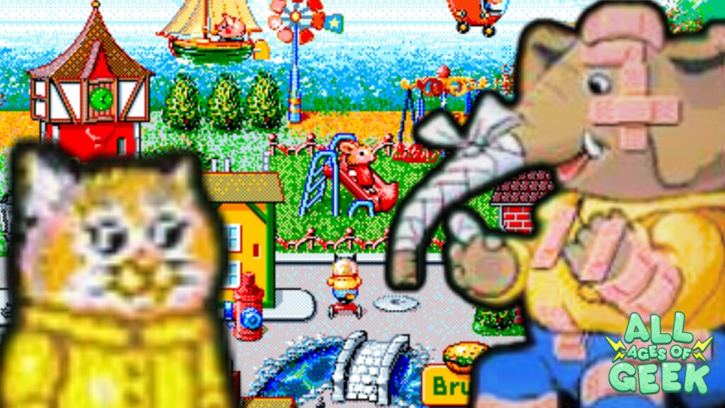 A vivid and colorful collage from Richard Scarry's BusyTown game, featuring an intricate pixel art scene of the BusyTown park filled with characters engaging in various activities. In the foreground, a large illustration of Huckle Cat in a golden outfit, and a detailed depiction of Lowly Worm with a playful expression, emphasize the whimsical and fun-filled nature of the game. The 'All Ages of Geek' logo is prominently displayed