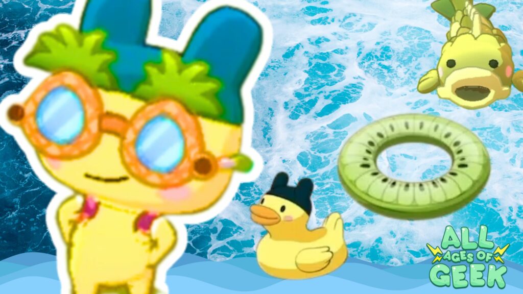 "A cheerful Tamagotchi character wearing sunglasses and a leafy headband is standing near a rubber duck wearing a small black hat, a kiwi-shaped pool float, and a friendly yellow fish with green fins. The background features blue ocean waves and the All Ages of Geek logo in the bottom-right corner.