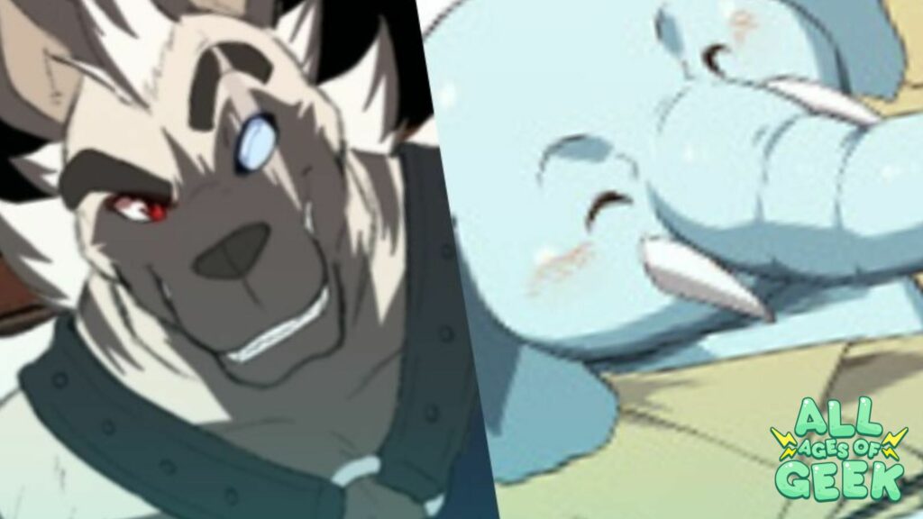 The image shows two characters. On the left is a muscular, wolf-like figure with white fur, one red eye, and one glowing white eye. He has a serious, almost sinister expression, with sharp features. On the right is a cute, blue elephant-like character with a soft, happy expression, eyes closed, and blushing cheeks. The "All Ages of Geek" watermark indicates the image is related to a feature on bara or furry boys' love games.