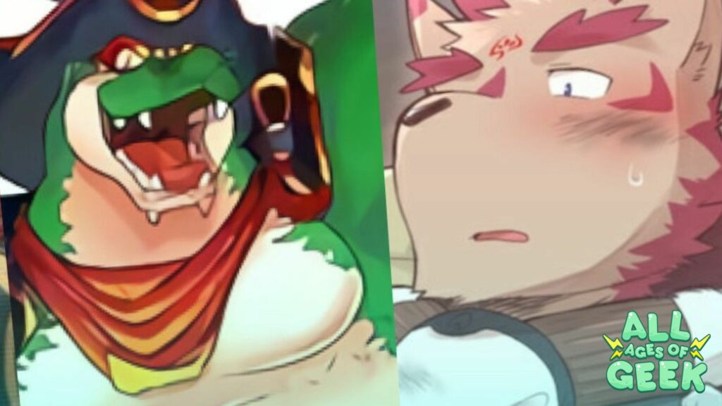 The image shows two characters. On the left is a green crocodile-like character wearing a pirate hat and a red scarf, roaring with its mouth wide open, showing sharp teeth. On the right is a blushing wolf-like character with red markings, looking surprised or nervous, with sweat on his cheek. The "All Ages of Geek" watermark suggests this is related to bara visual novels or boys' love games.