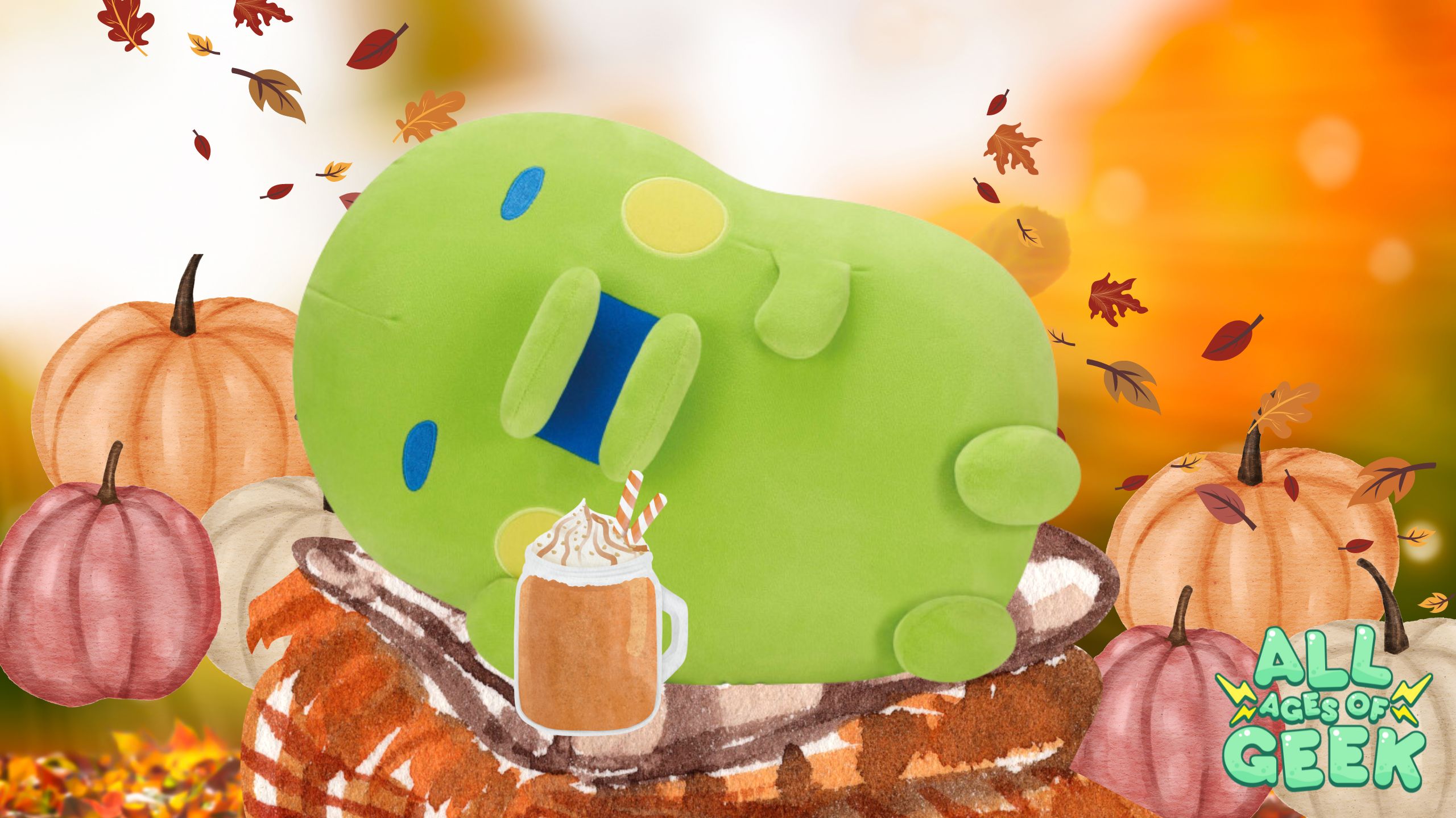 Kuchipatchi tamagotchi in fall scene with all ages of geek logo on it