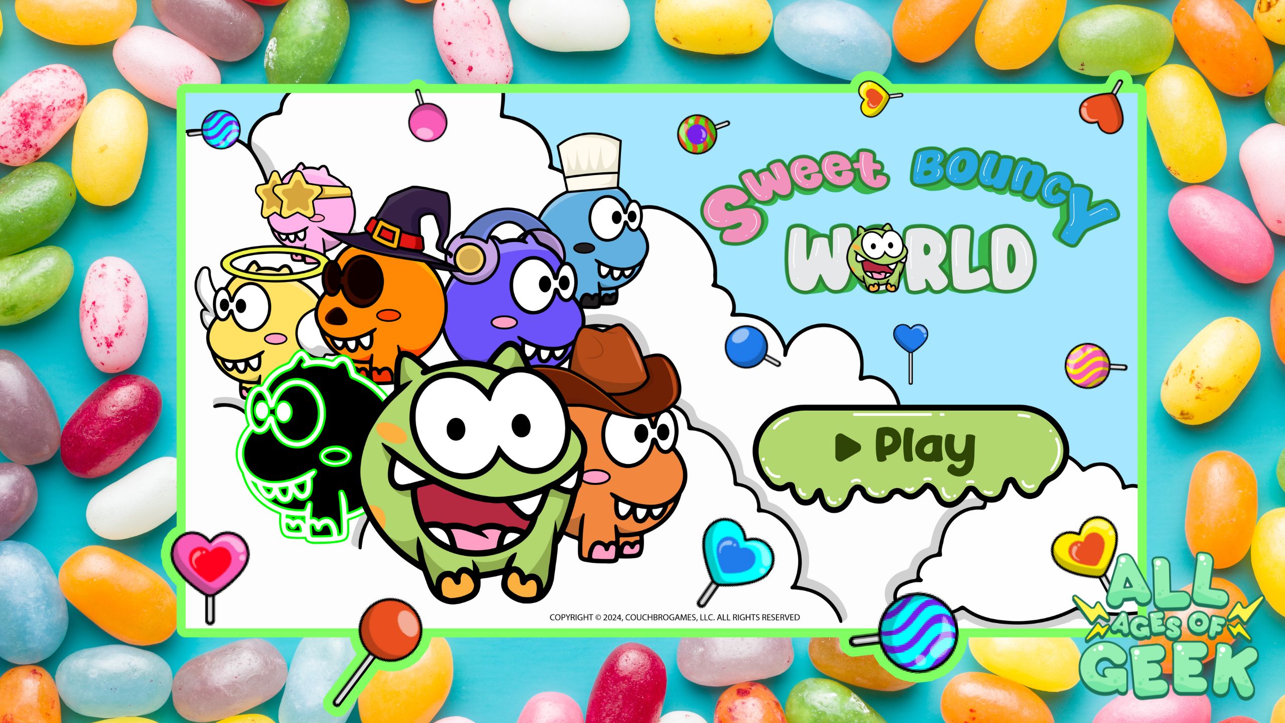 Sweet Bouncy World logo with the all ages of geek logo on it