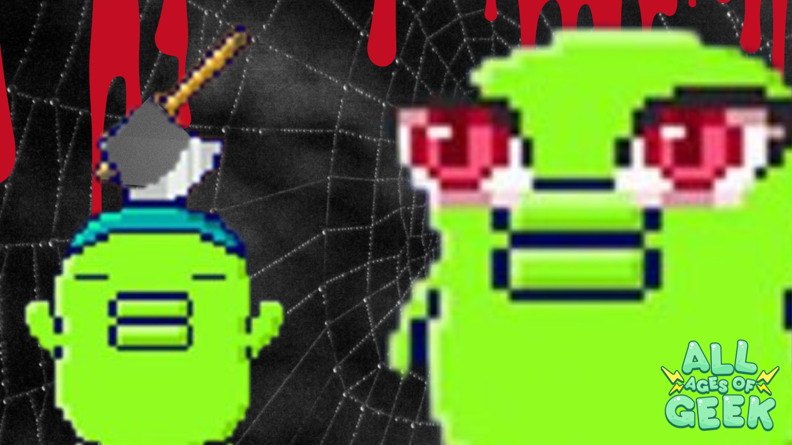 tamagotchi uni halloween with all ages of geek logo