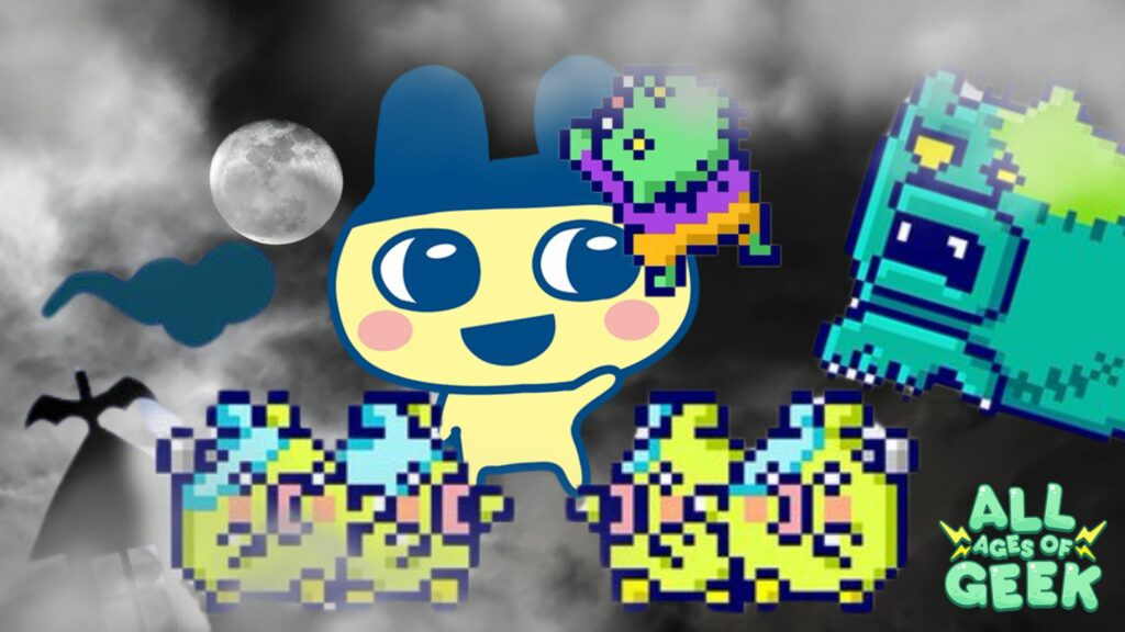tamagotchi uni halloween with all ages of geek logo