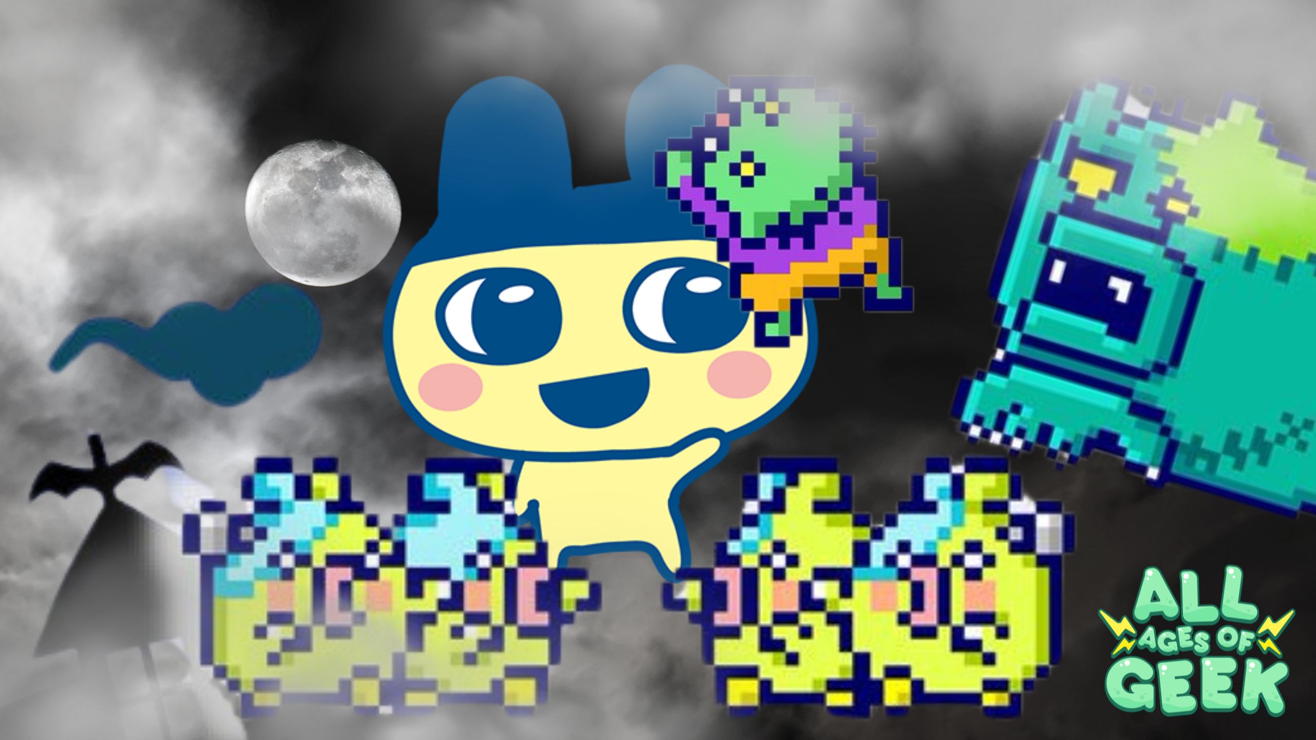 tamagotchi uni halloween with all ages of geek logo