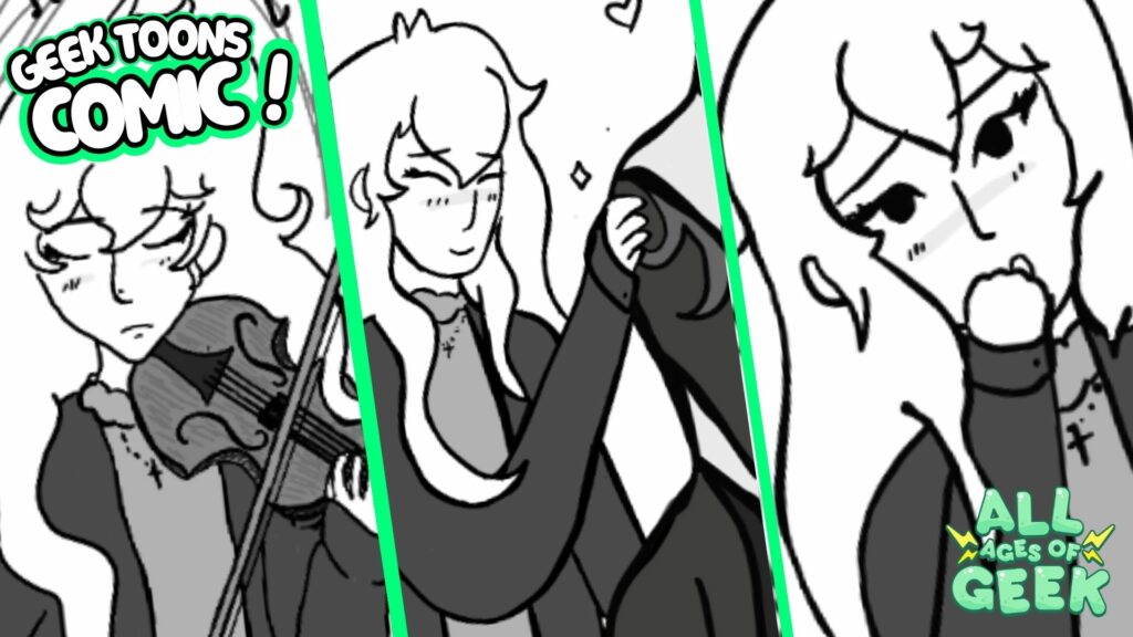 Panels from 'I Married a Monster on a Hill' featuring August, a character with long hair, playing the violin and showing expressions of happiness and contemplation. The comic is part of the Geek Toons series from All Ages of Geek, highlighting moments of August's character in the Boys Love visual novel series.
