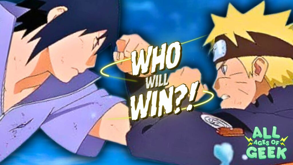 The image features Naruto and Sasuke in an intense face-off, with bold text that reads "WHO WILL WIN?!" in the center. It highlights the tension between the two characters, emphasizing the competitive nature of the battle. The image also includes the All Ages of Geek logo in the bottom corner, adding a branded touch. This visual representation ties into the Best Anime Fights Poll, inviting fans to engage and vote for their favorite anime showdown.