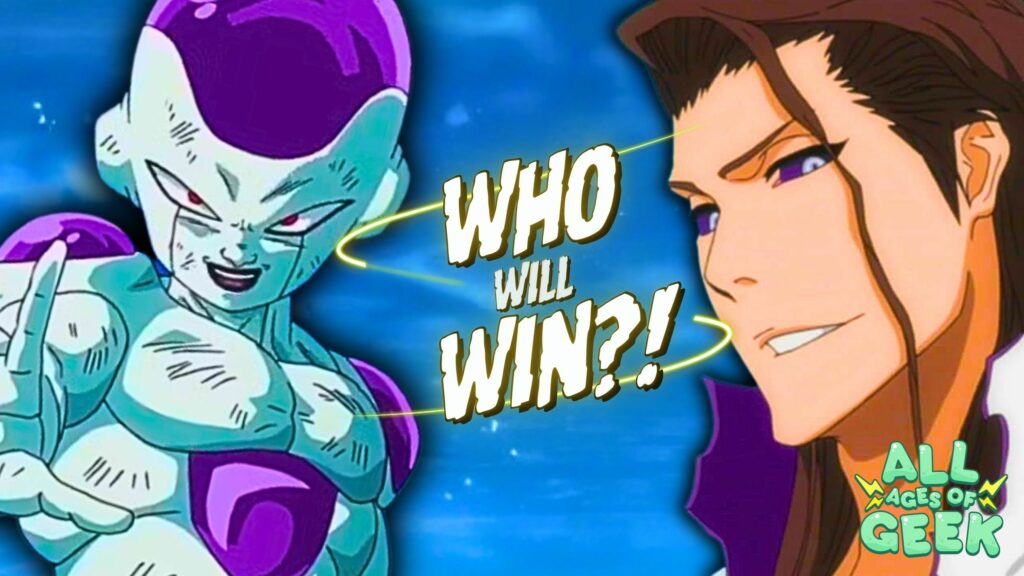 The image shows two iconic anime villains: Frieza from Dragon Ball Z on the left and Aizen Sosuke from Bleach on the right. Both characters are staring intensely at each other, with bold text in the center that reads "WHO WILL WIN?!". The All Ages of Geek logo is visible in the bottom right corner, tying the image into a Best Anime Villain Poll competition.