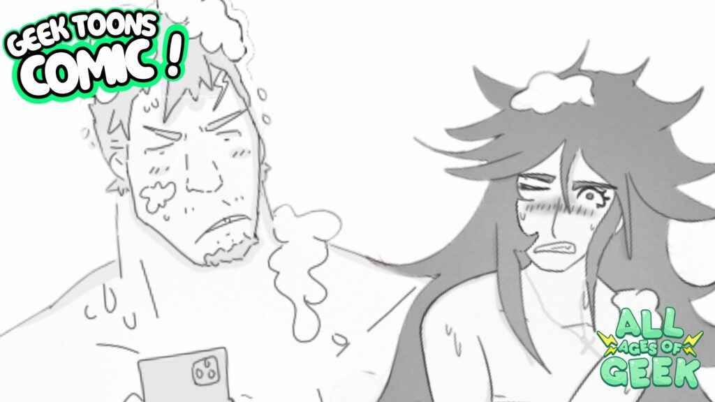 The image shows a comic panel from Jack Talk featuring Jackie and Wagner. Jackie, the muscular character on the left, has a grumpy expression with soap suds on his head and body. He's holding a phone in one hand, looking visibly annoyed. On the right, Wagner, with long messy hair, looks embarrassed or uncomfortable, blushing with a sheepish expression. Both seem to be in an awkward or comedic situation, likely in the middle of a bath or shower scene. The top left corner has the "GEEK TOONS COMIC!" text in a bold, fun style, and the "All Ages of Geek" logo is in the bottom right corner.