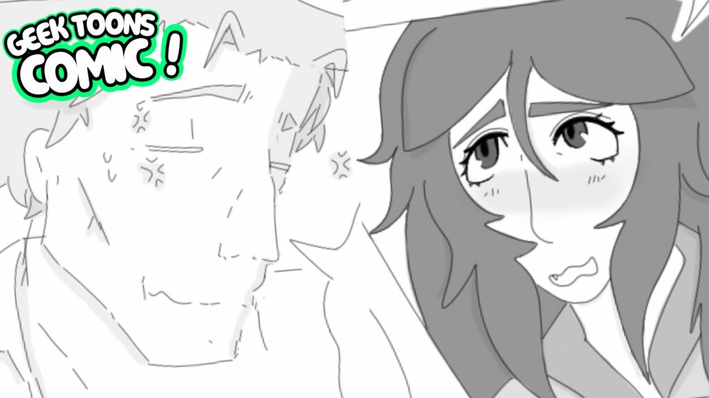 The image features Damien and Wagner from Jack Talk. On the left, Damien has a frustrated expression, shown by his furrowed brows and small anger marks. On the right, Wagner, with his long hair, has a softer, slightly embarrassed or shy look. His cheeks are flushed, and his wide eyes show a bit of vulnerability. The scene captures a tense or awkward moment between the two characters, typical of their dynamic.