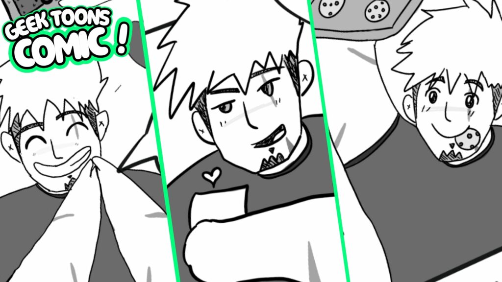 Panels from 'I Married a Monster on a Hill' featuring John, a character with spiky hair, showing playful expressions. The panels highlight John's cheerful and affectionate personality, as he smiles, enjoys cookies, and interacts with others. Part of the Geek Toons comic series from All Ages of Geek.