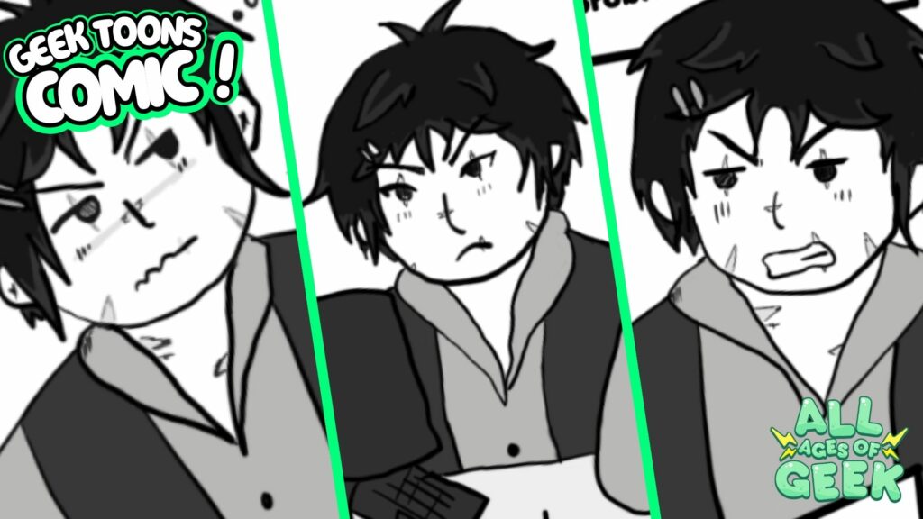 Panels from 'I Married a Monster on a Hill' featuring Thomas, a character with short dark hair, expressing frustration and seriousness while at work. The comic is part of the Geek Toons series from All Ages of Geek, showcasing Thomas’s personality in the Boys Love visual novel series.