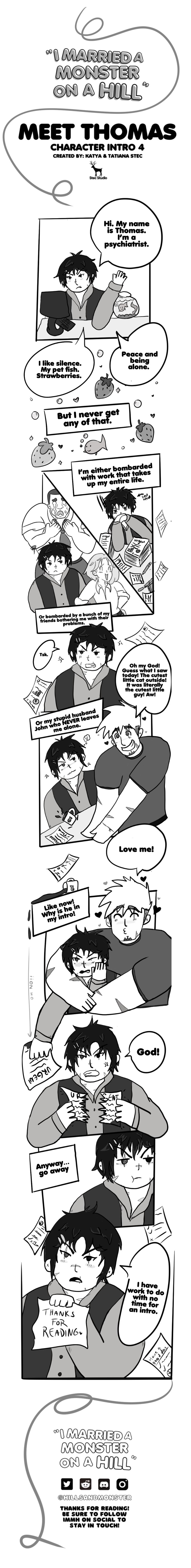 Character introduction comic for Thomas from 'I Married a Monster on a Hill.' Thomas introduces himself as a psychiatrist who loves peace, quiet, and strawberries but rarely gets any due to his hectic life. The comic humorously shows Thomas being overwhelmed by work and his affectionate husband, John. Created by Katya Stec and Tatiana Stec, the comic is part of a Boys Love series.