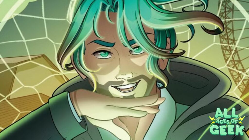 An illustrated character with teal hair and glowing green eyes, smirking confidently while gesturing near their chin. The sci-fi background features a futuristic web-like structure and a glowing ferris wheel, with green and gold tones. This image represents The ALTRVERSE, a multiversal comic adventure by Bad Egg and Sean "JackSepticEye" McLoughlin, spotlighting indie creators and epic storytelling.
