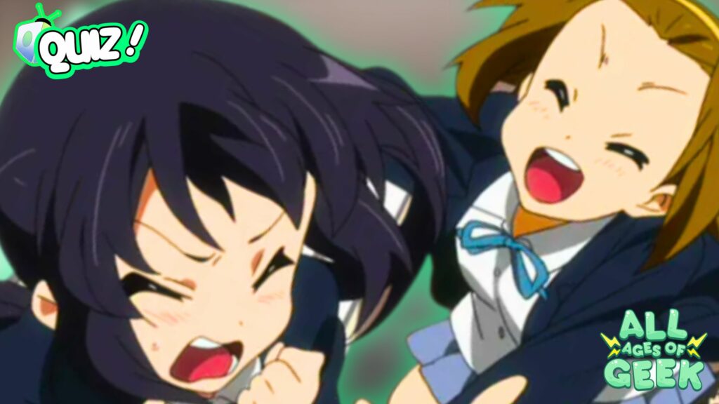 Two anime-style characters are shown in a playful and energetic moment. One has short black hair and a surprised expression, while the other has light brown hair with a yellow headband, laughing joyfully. Both are wearing classic school uniforms with blazers and ribbons. The background features a subtle glow, adding to the dynamic feel. The "Quiz!" logo is in the top-left corner, and the "All Ages of Geek" logo is in the bottom-right corner. The image gives off a fun and lively school club vibe.