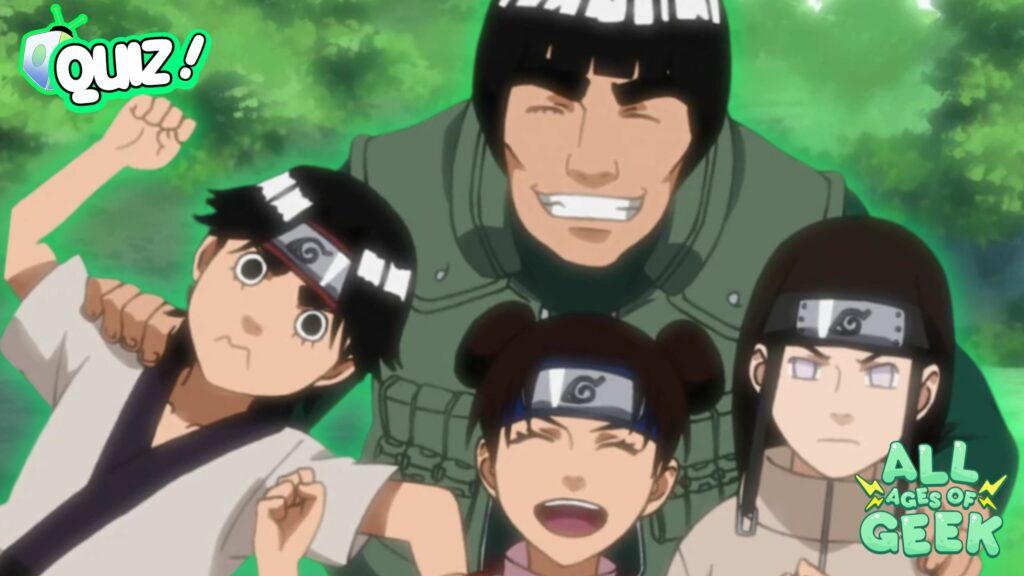 An anime-style team of four characters posing together in front of a green forest background. A cheerful adult in a green flak jacket smiles widely at the center, with three younger teammates in ninja headbands surrounding him: one looking shocked, another laughing, and the last with a serious expression. A 'Quiz!' graphic appears in the top left corner, and the 'All Ages of Geek' logo is in the bottom right.