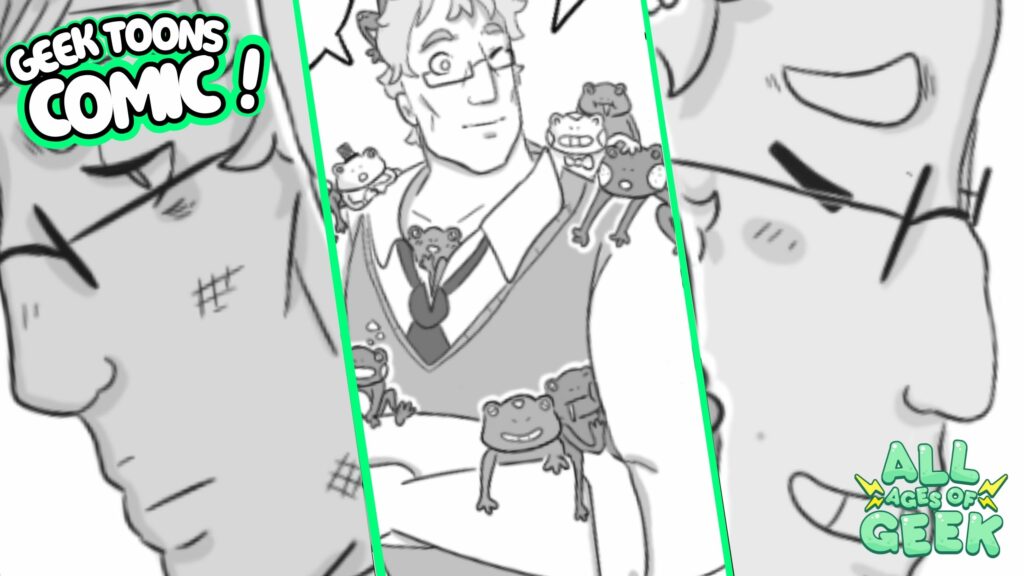 Conrad surrounded by frogs in ‘I Married a Monster on a Hill’ by All Ages of Geek, showcasing his quirky love for his amphibian friends and his warm-hearted personality.