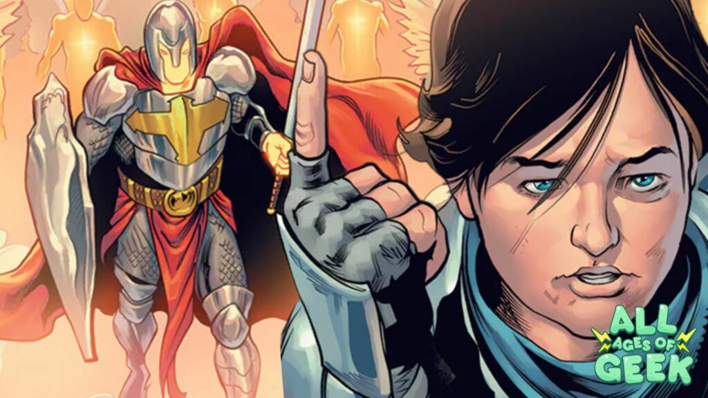 Close-up of Joan of Arc with a determined expression, flanked by a vision of the archangel Michael holding a sword and shield, with the All Ages of Geek logo in the corner, symbolizing courage and divine guidance in her mission.
