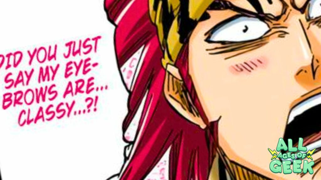 Renji Abarai talking about his eyebrows. This is a colored manga panel from Bleach. On the righthand corner is the All Ages of Geek logo.