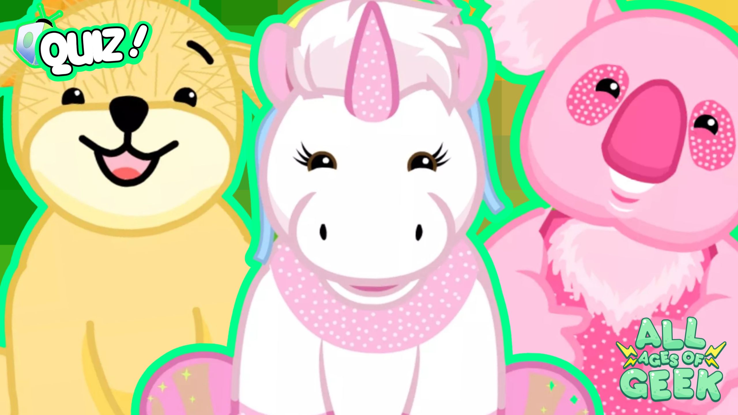 Quiz artwork for All Ages of Geek featuring adorable Webkinz characters, including a cheerful lion, a cute unicorn, and a friendly pink koala, each with bright, happy expressions. The image is playful and inviting, perfect for a nostalgic quiz about Webkinz or virtual pets in general. With the bright green outline and “Quiz!” graphic, it gives off a fun, interactive vibe that Webkinz fans and lovers of classic virtual pets will enjoy exploring. The All Ages of Geek logo adds a touch of brand identity, suggesting a geeky and community-focused experience.
