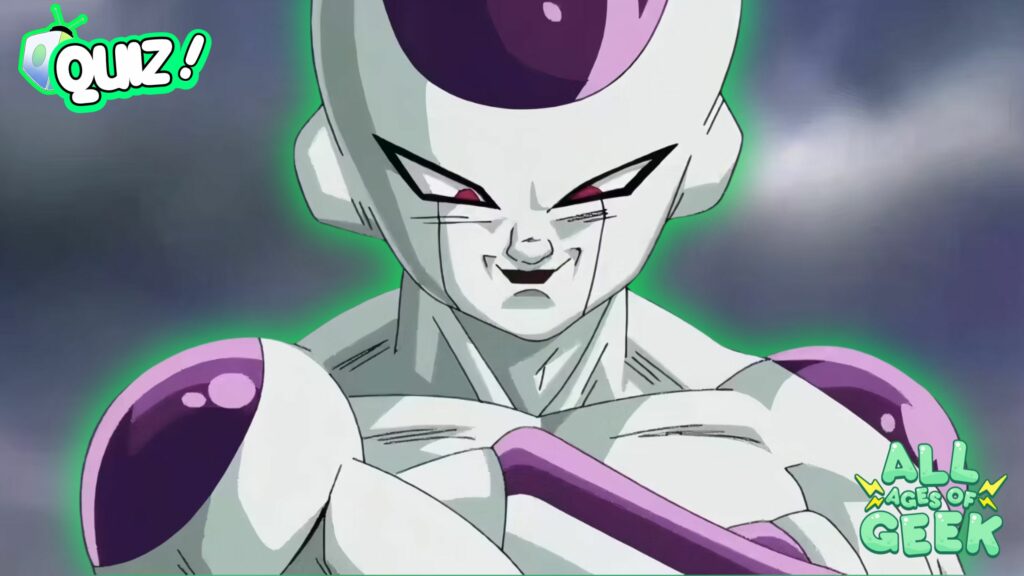 The image shows Frieza, a major antagonist from the Dragon Ball Z anime series, with a mischievous, sinister smile on his face. He has a sleek, white-and-purple design, a green glow around him, and a dark, ominous background. The image is branded with "Quiz!" in a retro TV icon on the top left and the "All Ages of Geek" logo on the bottom right, suggesting that this image is part of a quiz on the All Ages of Geek platform, likely titled "What Type of Villain Are You?"