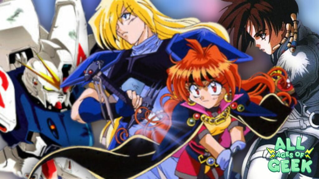 Collage of iconic 90s anime characters featuring Gundam, Slayers, and Iria: Zeiram the Animation, with vibrant colors and the All Ages of Geek logo in the corner.