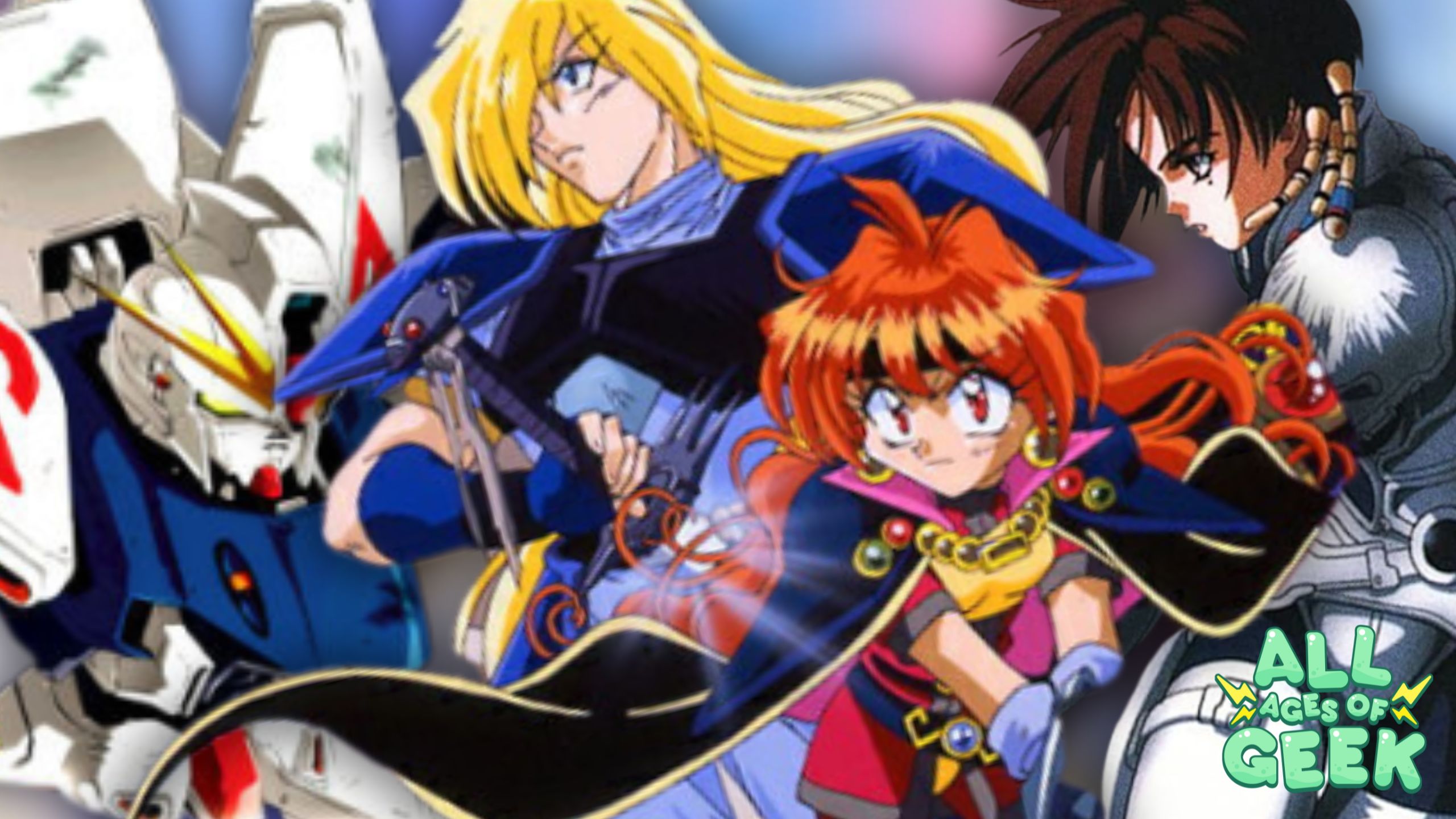 Collage of iconic 90s anime characters featuring Gundam, Slayers, and Iria: Zeiram the Animation, with vibrant colors and the All Ages of Geek logo in the corner.