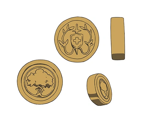 Illustration of fictional gold coins featuring unique designs, including a tree emblem and a shield with a cross, from a conceptual art collection.