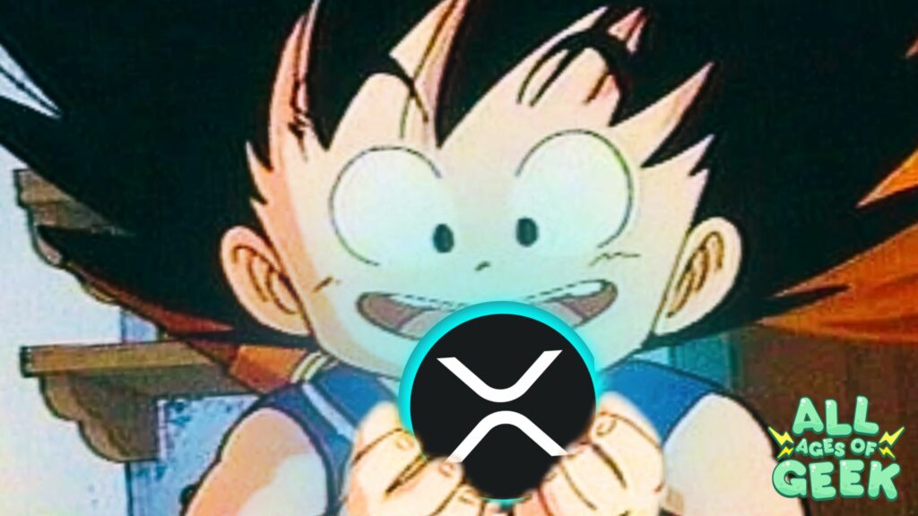 Young Goku from Dragon Ball holding a glowing XRP logo with excitement, featuring the All Ages of Geek logo in the bottom-right corner.