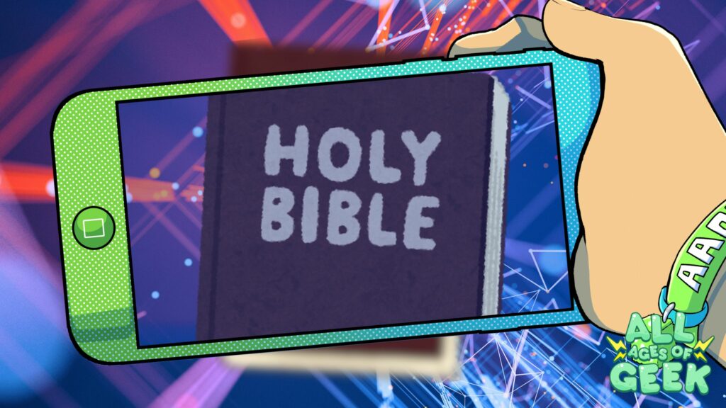 A stylized image of a hand holding a smartphone with a green case, displaying the cover of a Holy Bible on the screen. The background features a vibrant mix of digital, futuristic patterns in red and blue hues, with the All Ages of Geek logo in the bottom right corner.