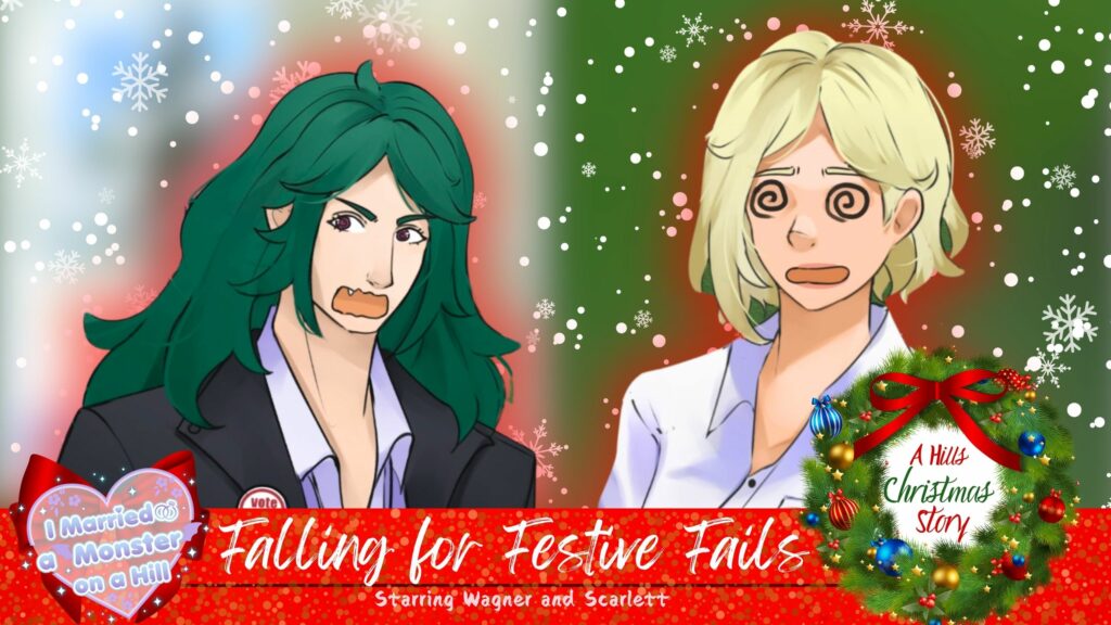 Illustration of Scarlett and Wagner in a cozy kitchen with snow falling outside the window. Wagner, with green hair and a concerned expression, gestures towards the undecorated room, while Scarlett stands with a somber look. A dialogue box reads, 'Where are your Christmas decorations? It’s literally Christmas Eve!'