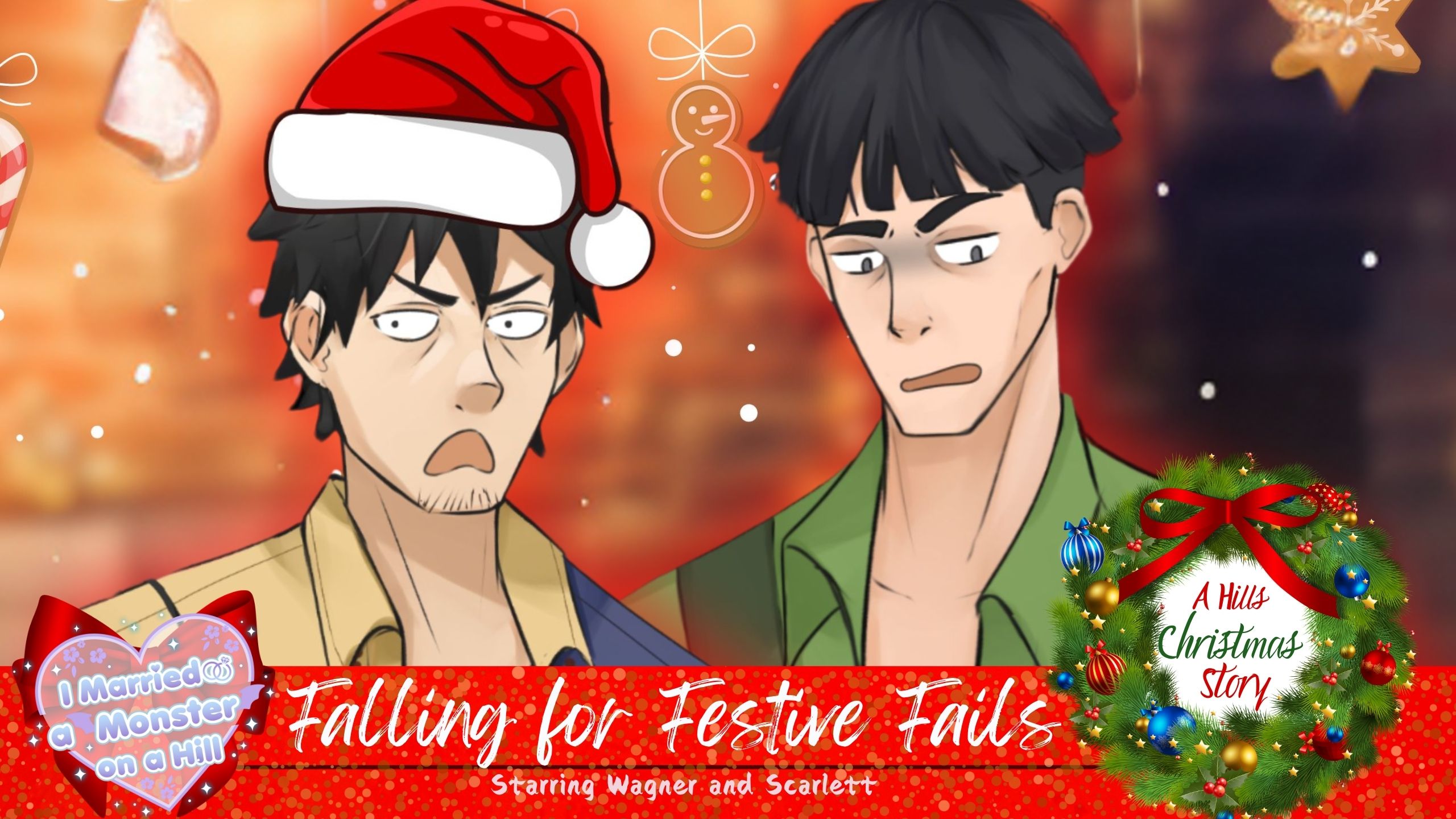 Illustration of Drake and Alliard from 'I Married a Monster on a Hill' against a festive background with holiday decorations. Drake wears a Santa hat, looking annoyed, while Alliard appears unimpressed. A banner at the bottom reads 'Falling for Festive Fails – A Hills Christmas Story,' featuring a wreath and heart logo.