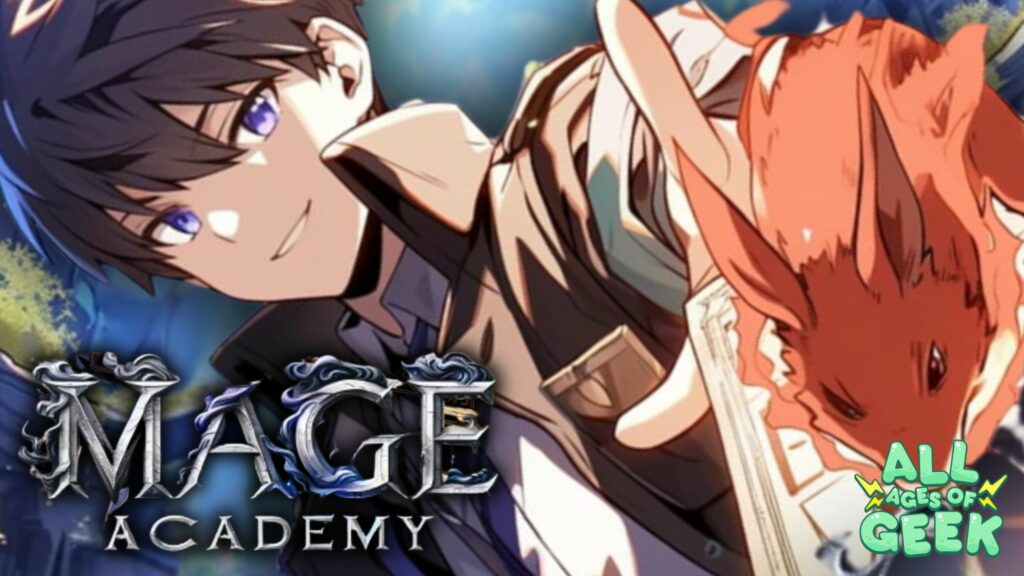 An illustrated scene from Mage Academy featuring a young mage with vibrant purple eyes and a fox-like magical companion, highlighting the adventurous and magical theme of the series. The All Ages of Geek logo is displayed in the bottom-right corner.
