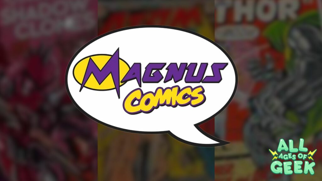 Magnus Comics logo prominently displayed in a white speech bubble with bold purple and yellow lettering, set against a blurred backdrop of comic book covers. The All Ages of Geek logo sits in the bottom-right corner, adding a branded touch to the vibrant design.