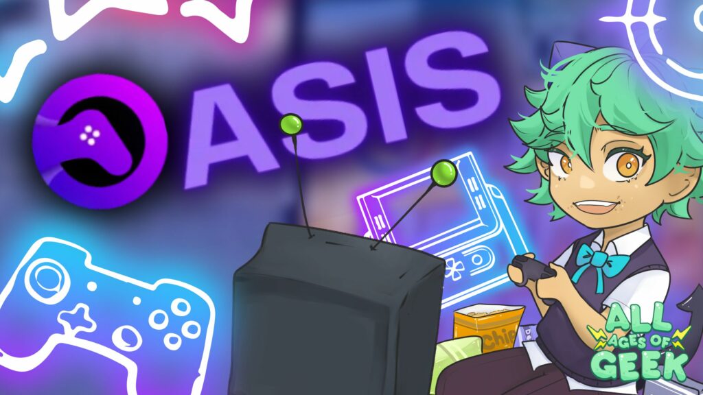 A vibrant graphic featuring the Oasis Online Arcade logo in purple with gaming-themed neon outlines of a controller and handheld console. Kasai, a cheerful character with green hair, is sitting and playing a game on a retro TV with antennae, surrounded by snacks. The All Ages of Geek logo is positioned in the bottom right corner.