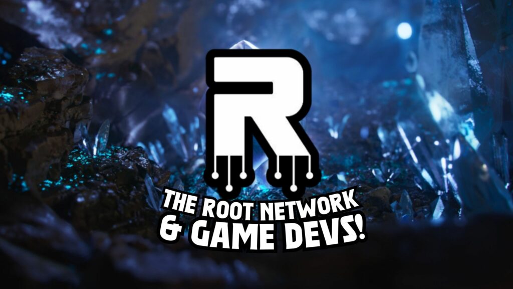 The Root Network logo prominently displayed with "The Root Network & Game Devs!" text overlay, set against a glowing, futuristic crystal cave background filled with vibrant blue and black tones.