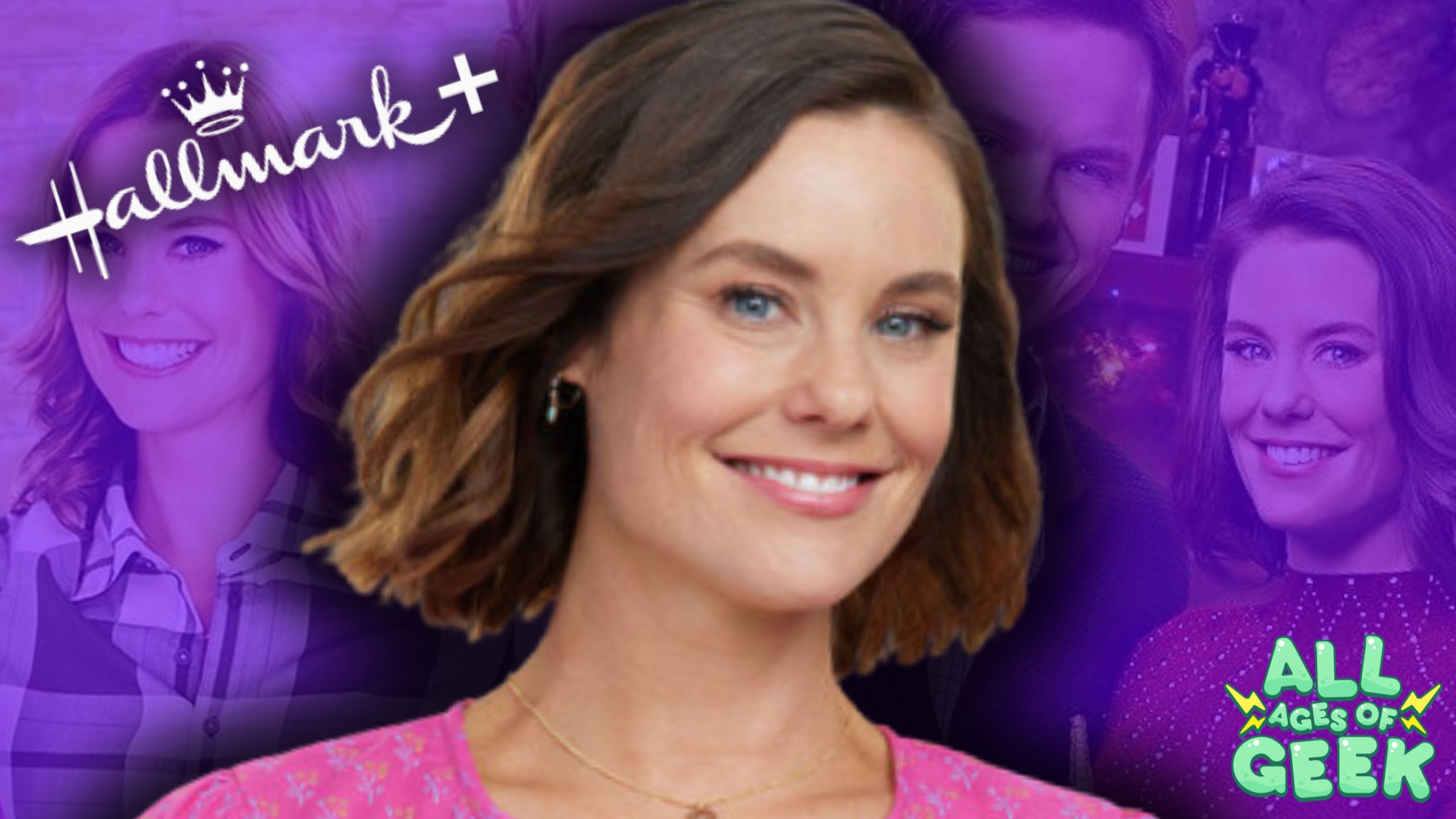 A thumbnail featuring Ashley Williams and her movies from Hallmark + and the All Ages of Geek logo in the corner.