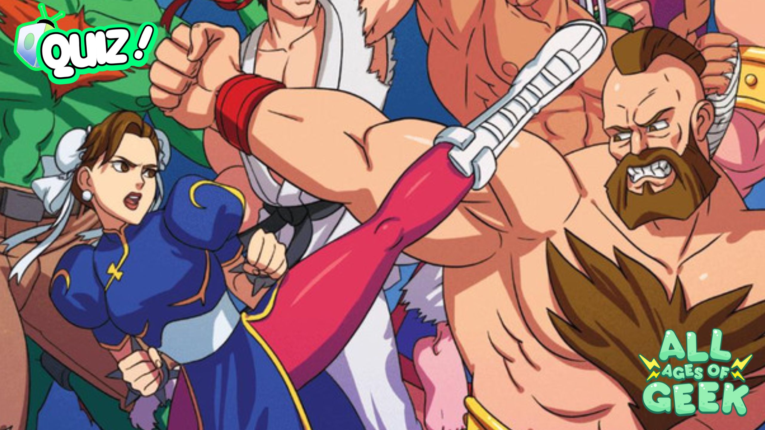 An action-packed illustration featuring characters from the classic fighting game Street Fighter. Chun-Li is delivering a high kick, showing her iconic blue outfit and determined expression, while Zangief, with his muscular build and fierce expression, prepares to counter. The image is vibrant with bold colors, capturing the intensity of the game's dynamic battles. The 'Quiz!' logo is displayed in the top left corner, and the 'All Ages of Geek' logo is in the bottom right corner.