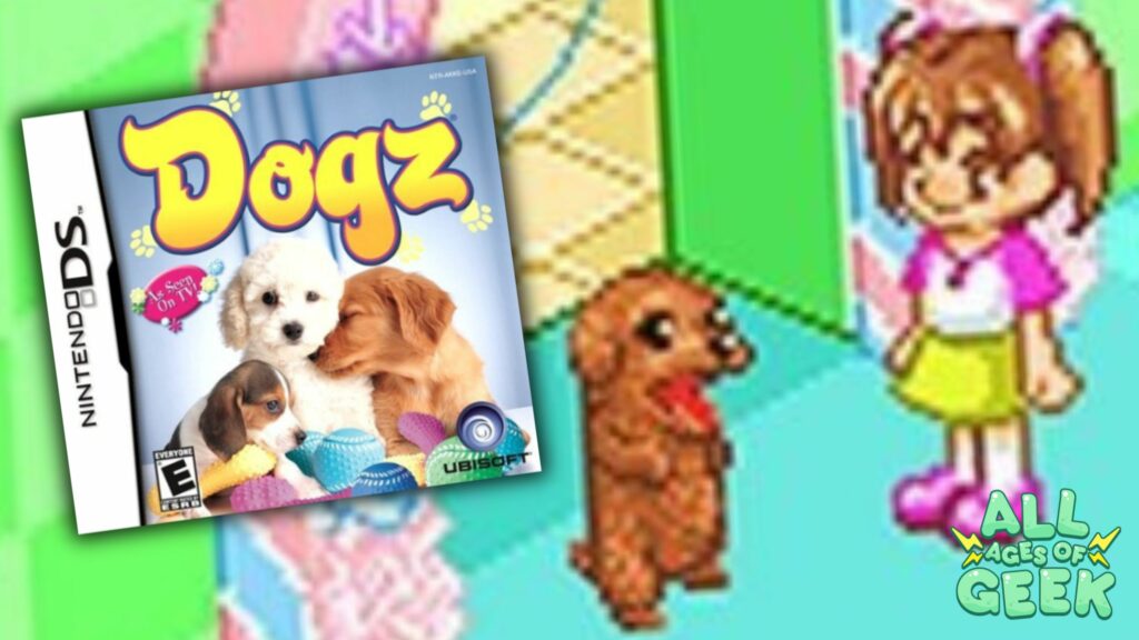 This image showcases the nostalgic charm of Dogz DS with its bright, colorful design. The Nintendo DS box art, featuring three adorable puppies, sits prominently on the left, evoking warm and cozy vibes. On the right, an in-game screenshot captures the chibi-style graphics, showing a cheerful player character and her equally cute brown puppy, set against a pastel, pixelated background. The "All Ages of Geek" logo in the corner ties it all together, highlighting the wholesome, family-friendly appeal of the game. This visual perfectly blends the essence of Dogz DS: heartwarming, playful, and endlessly charming.