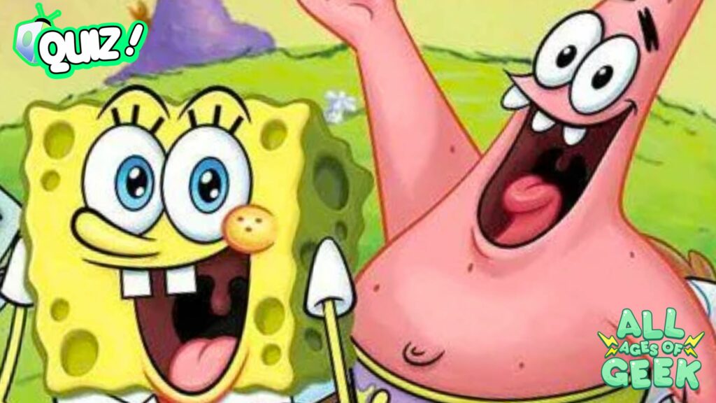 The image depicts SpongeBob SquarePants and Patrick Star, two iconic characters from the animated series SpongeBob SquarePants. SpongeBob is on the left, smiling widely with his signature big blue eyes, square yellow sponge body, and buck teeth. Patrick is on the right, also smiling and waving with his pink starfish body. The background shows a grassy area with a purple hill, and the "Quiz!" logo is in the top left corner, along with the "All Ages of Geek" logo in the bottom right corner.