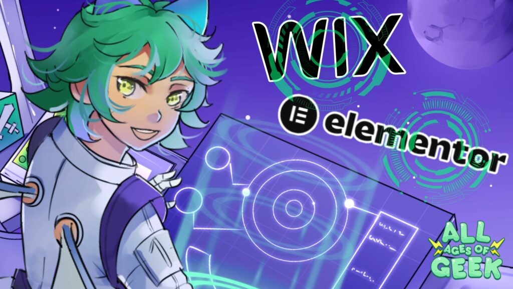 Thumbnail featuring All Ages of Geek's mascot Kasai in a space station with the Wix and Elementor logos in space.