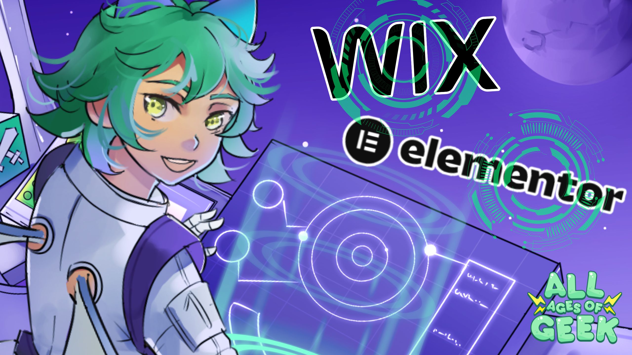 Thumbnail featuring All Ages of Geek's mascot Kasai in a space station with the Wix and Elementor logos in space.
