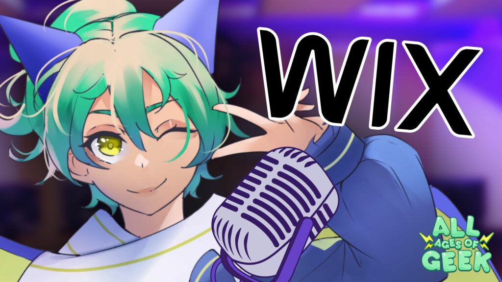 Kasai All Ages of Geek's mascot is on the left with a peace sign in a voice acting studio and the Wix Logo on top of her. The All Ages of Geek logo is on the right hand bottom.