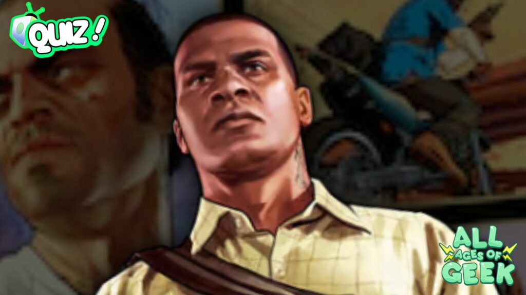 A thumbnail image for the "Which GTA V Character Are You Quiz" featuring Franklin. The word quiz is on the left hand upper corner. The All Ages of Geek logo is on the righthand lower corner indicating the All Ages of Geek publication,
