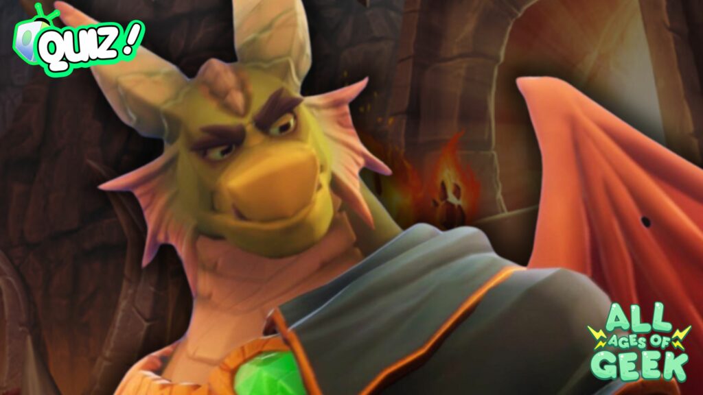 A thumbnail image for the "Which Spyro Dragon Are You Quiz" featuring a Spyro dragon. The word quiz is on the upper left hand side while the All Ages of Geek logo is on the righthand corner. This indicates that All Ages of Geek is the publication.